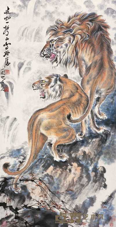 蔡鹤汀 双狮长吼 立轴 111×56cm